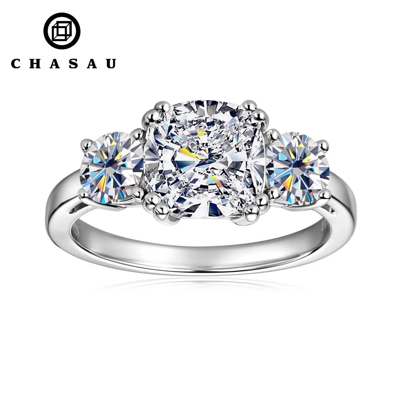 GRA Wedding Band Jewelry 925 Sterling Silver Cushion Cut Three Stone 3.5cttw D Moissanite Engagement Rings for Women