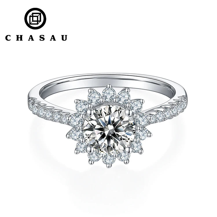 Trendy Luxury Fashion Women's 1ct Moissanite Ring 1.0ct 1 Carat 6.5mm S925 Sterling Silver Sunflower Shape Jewelry for Women