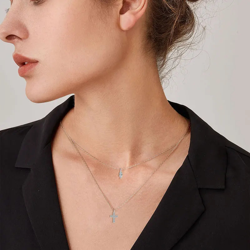 New Arrivals Fashionable Double Layer 925 Silver Necklace for Ladies 3x6mm Marquise Cut 2mm Moissanite Cross Moissanite Necklace