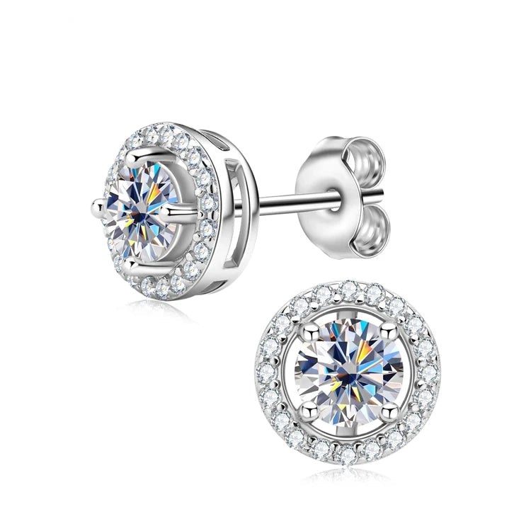 Most Popular 18K White Gold Plated 925 Silver Round Cut Classic 5mm 0.5ct Moissanite Halo Stud Earrings for Women Men