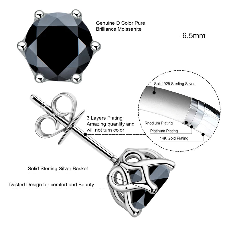 925 Sterling Silver Mossanite 3mm 4mm 5mm 6.5mm 8mm D Color VVS 0.1ct 0.3ct 0.5ct 1ct 2ct Moissanite Stud Earrings