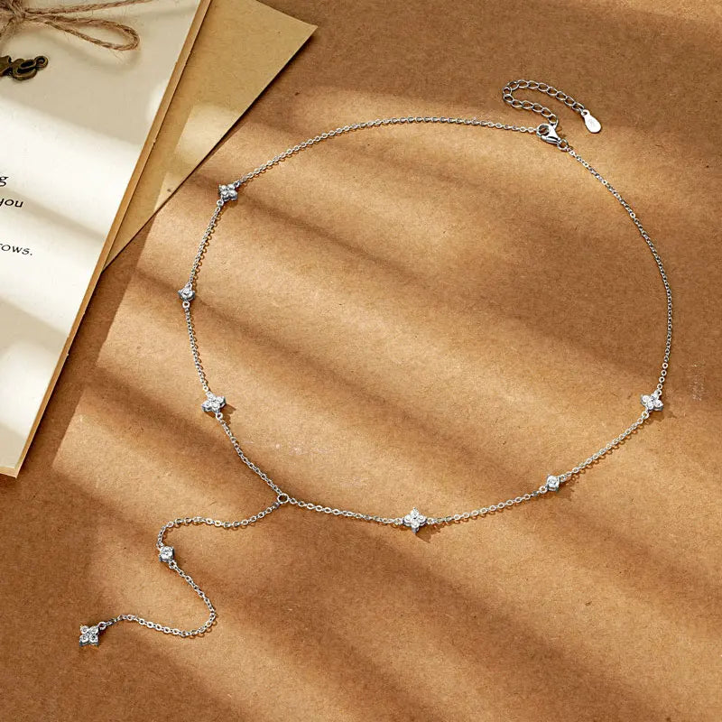 Stylish 925 Silver 2mm 3mm Round Moissanite Four-leaf Clover Fashion Necklace for Women Trendy Clavicle Chain Daily Commute