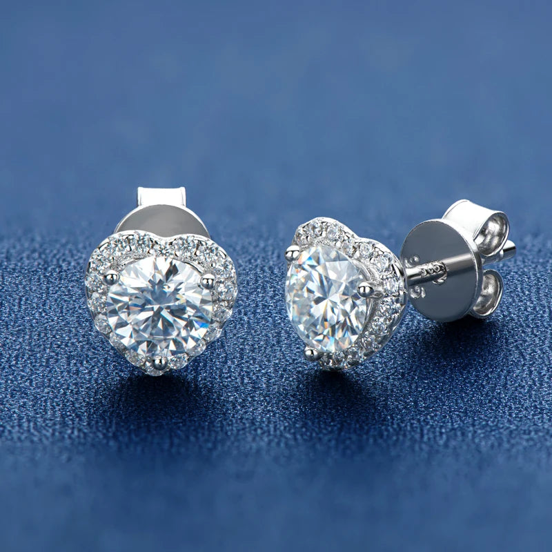 Fine Jewelry Wedding Heart-Shaped 925 Silver Round Moissanite 5.0mm 0.5ct Heart VVS Studs Earrings for Women Gift Ladies