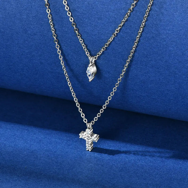 New Arrivals Fashionable Double Layer 925 Silver Necklace for Ladies 3x6mm Marquise Cut 2mm Moissanite Cross Moissanite Necklace