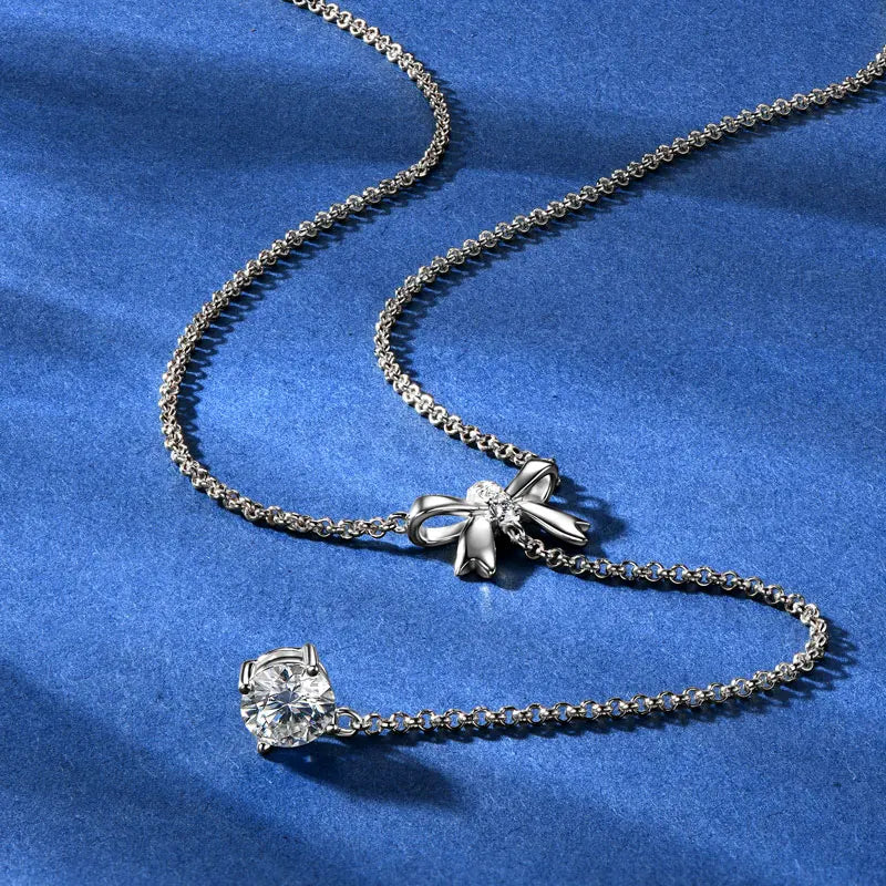 Unique Style 925 Silver 6.5mm 1ct & 1.5mm Round Moissanite Fashion Ladies Y Shape Bow Adjustable Y Lariat Butterfly Necklace