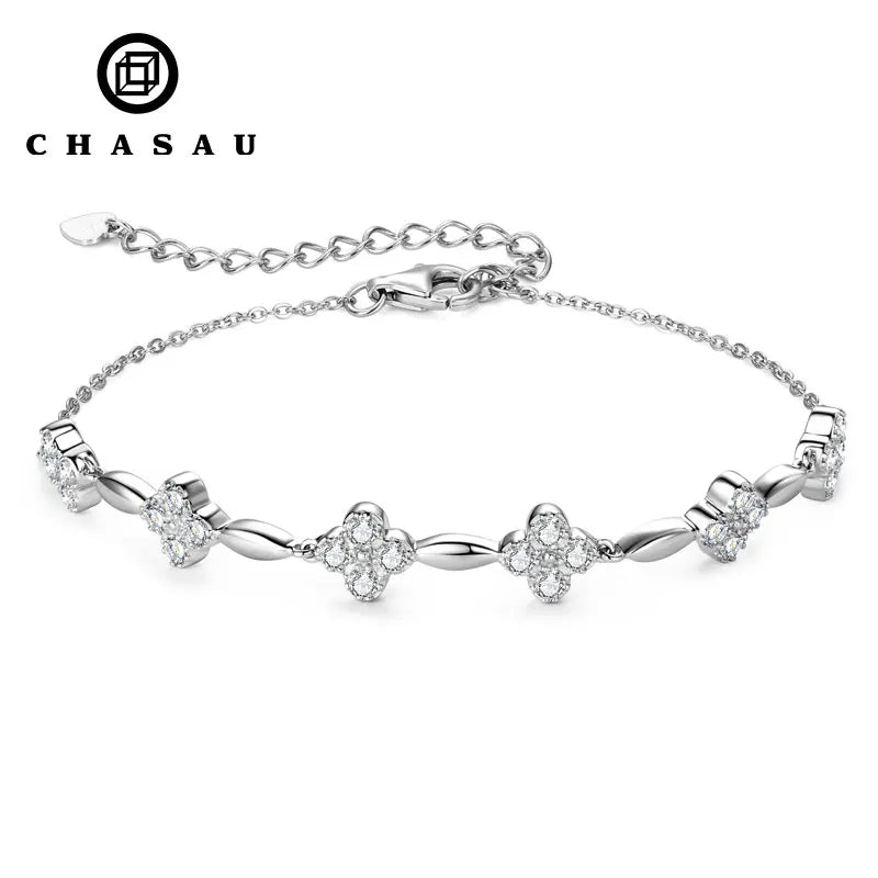 925 Sterling Silver Charm Flower Bracelet Summer Jewelry 14k Gold Plated 2mm All Moissanite Diamond Bracelet for Women