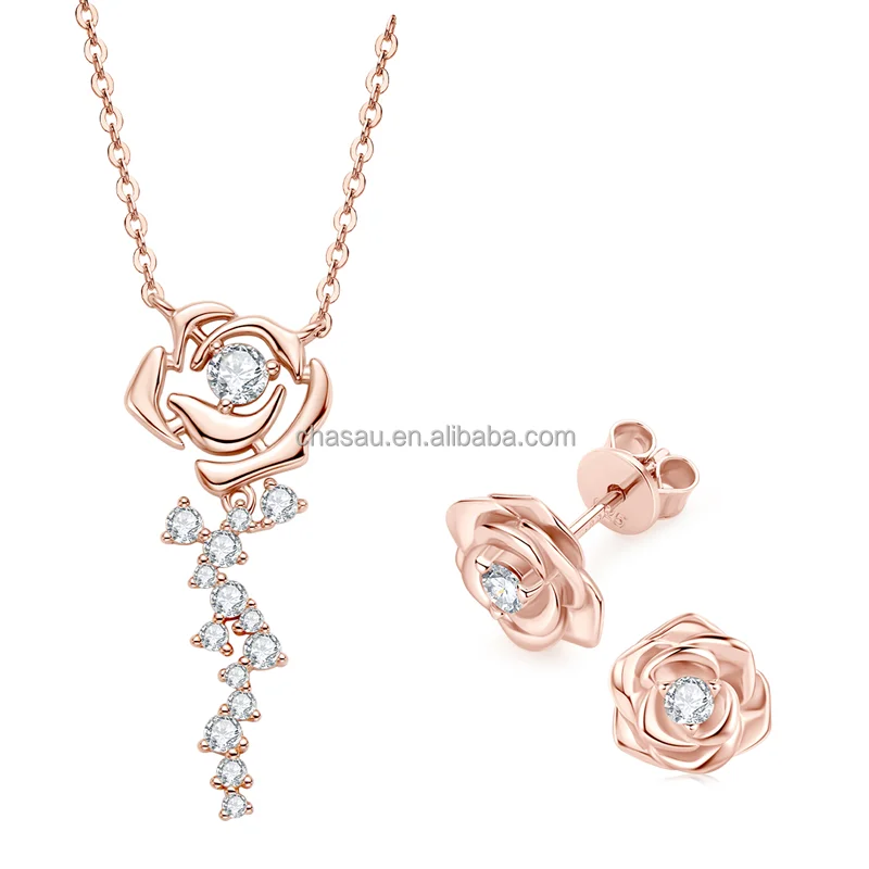 Chasau 925 Sterling Silver Moissanite Rose Flower Pendant Silver Rose Gold Earrings & Pendant Necklace Jewelry Set for Women