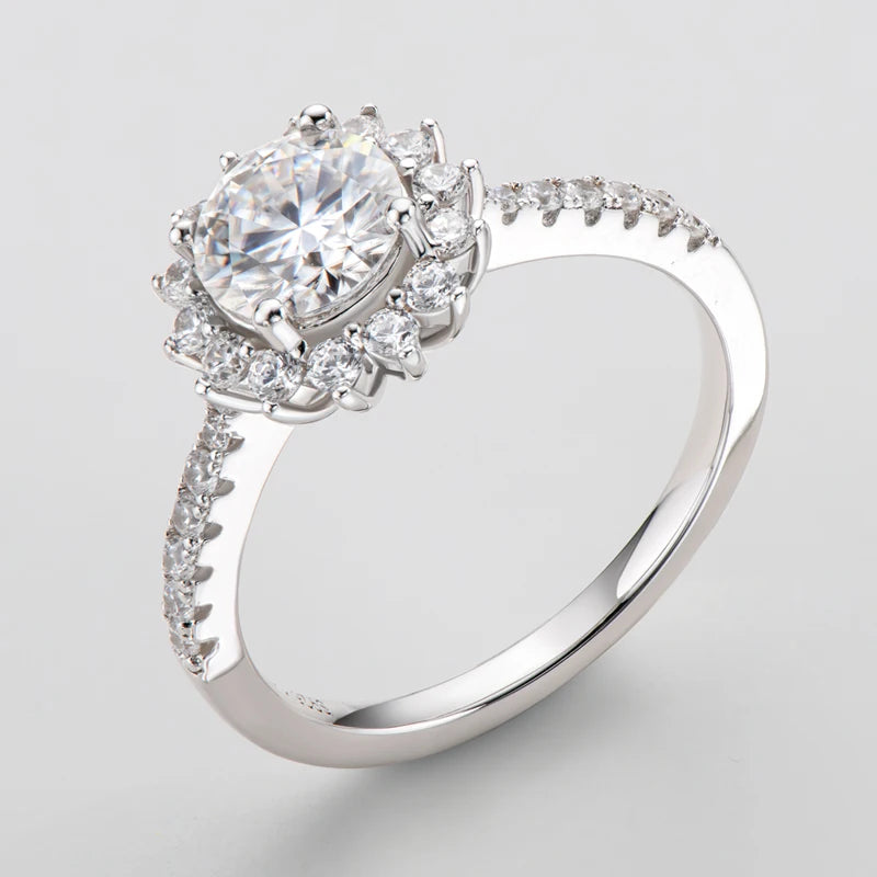 Trendy Luxury Fashion Women's 1ct Moissanite Ring 1.0ct 1 Carat 6.5mm S925 Sterling Silver Sunflower Shape Jewelry for Women