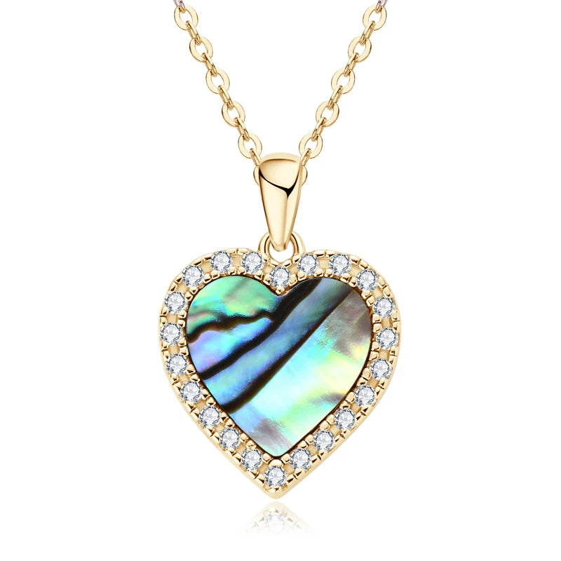 Fashion Pendant Jewelry 925 Sterling Silver Pave Round 1.2mm Moissanite & 10mm Heart Abalone Shell Pendant Necklace