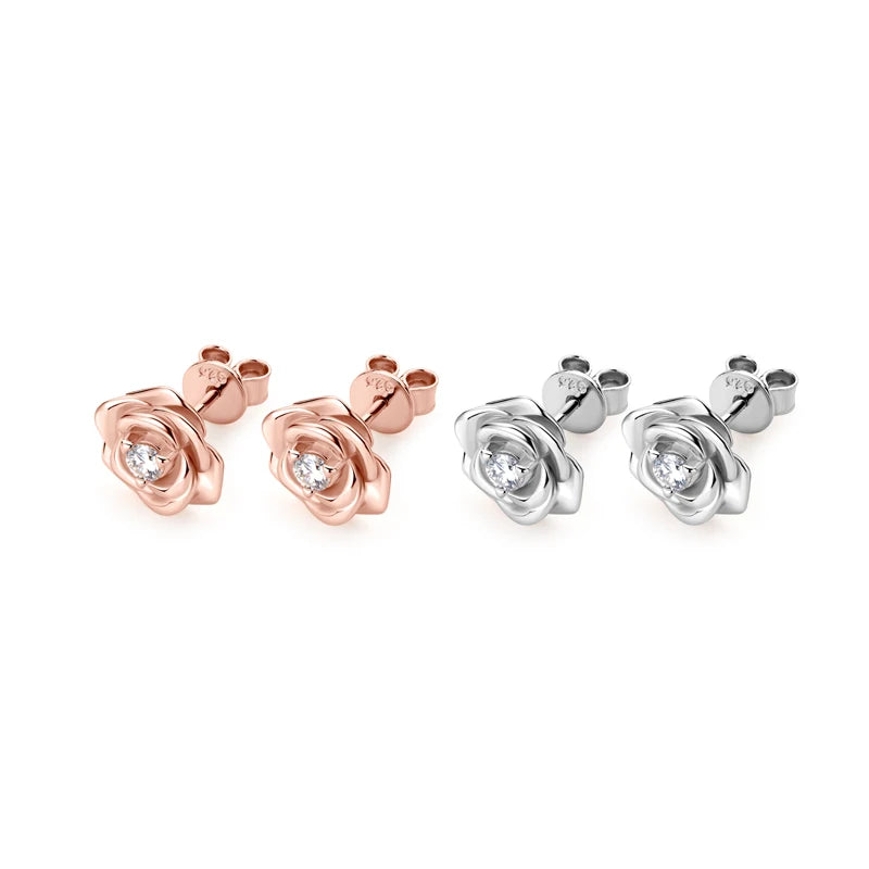 Chasau 925 Sterling Silver VVS D Round Cut 3mm 0.1ct Moissanite White Pink Three Claw Single Stone Rose Flower Stud Earrings