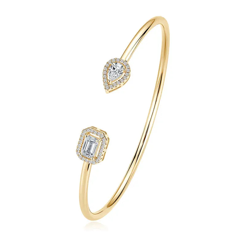 Classic 925 Silver Twin Pear Shaped 4x6mm 0.50ct 4x6mm 0.80ct Emerald Cut Moissanite Open Cuff Bangle Fashion Bracelet for Women