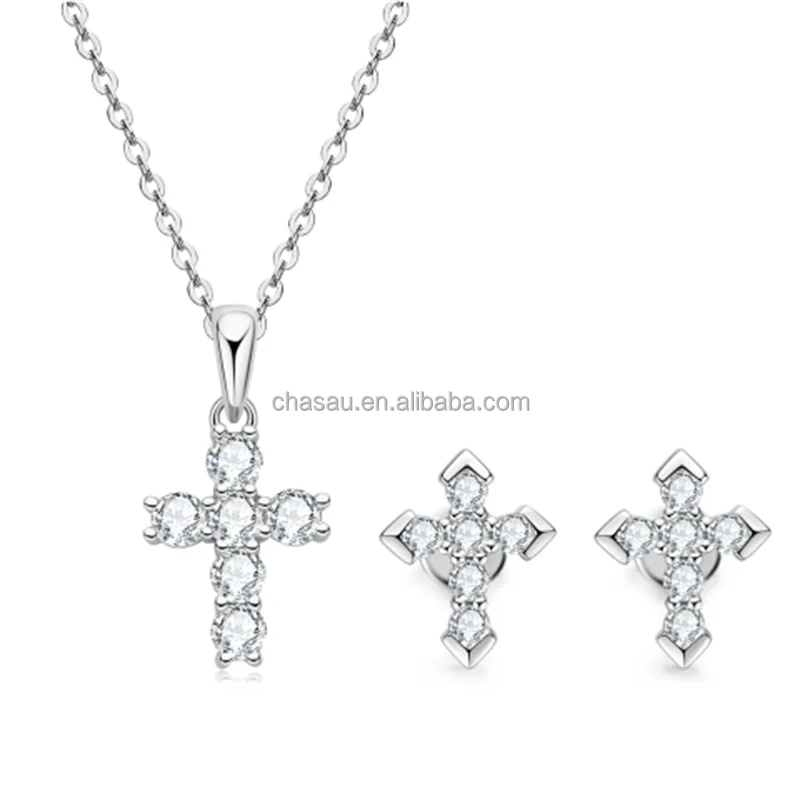 Chasau 925 Sterling Silver 1.0CT Cross Princess Cut Black Moissanite Earrings Pendant Necklace Set for Women and Girls
