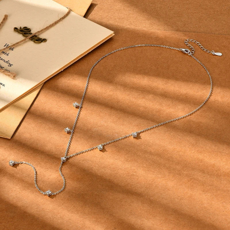 Women's Dainty 925 Sterling Silver 3mm 0.1ct Moissanite Tennis Necklace with Y Lariat Long Link Chain for Gift