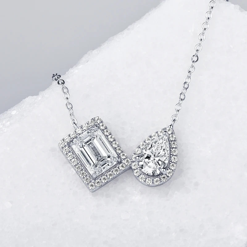 2.0 Carat Emerald & Pear Cut 8x6mm 1.0 Carat D Color Moissanite Pendant Necklace Luxury 925 Silver Jewelry