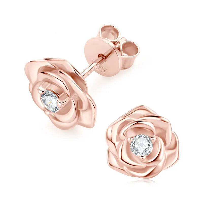 Chasau 925 Sterling Silver VVS D Round Cut 3mm 0.1ct Moissanite White Pink Three Claw Single Stone Rose Flower Stud Earrings