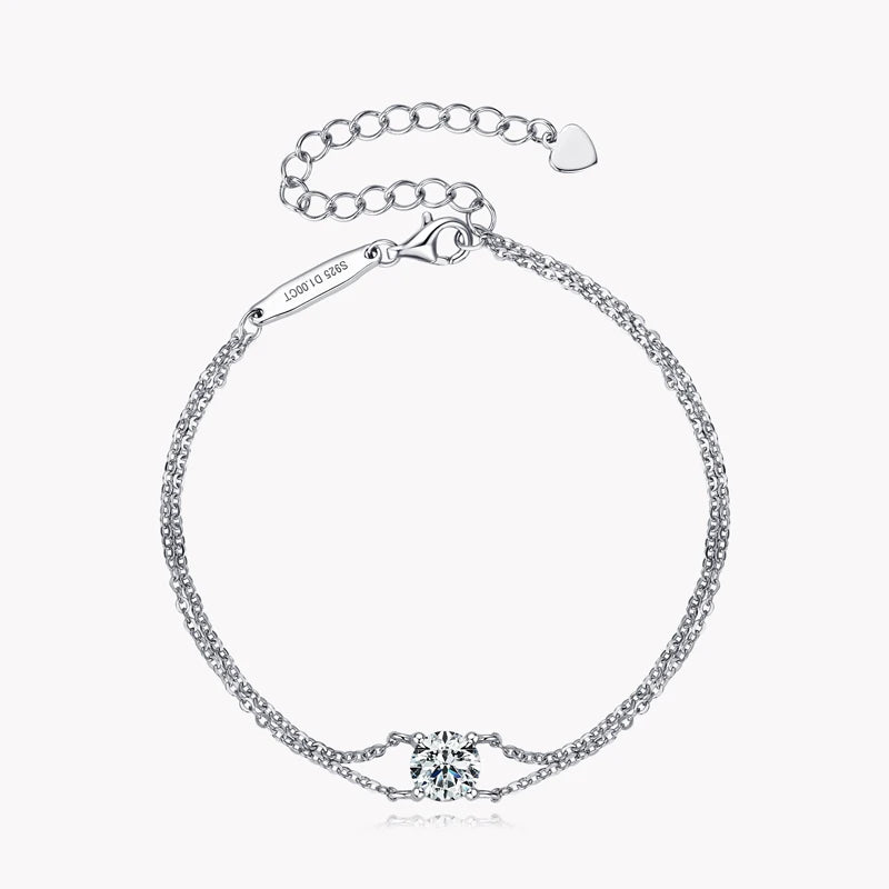 Double Chain Moissanite 1ct 1.0ct 1 Carat 6.5mm 925 Sterling Silver Adjustable Moissanite Chain Bracelet