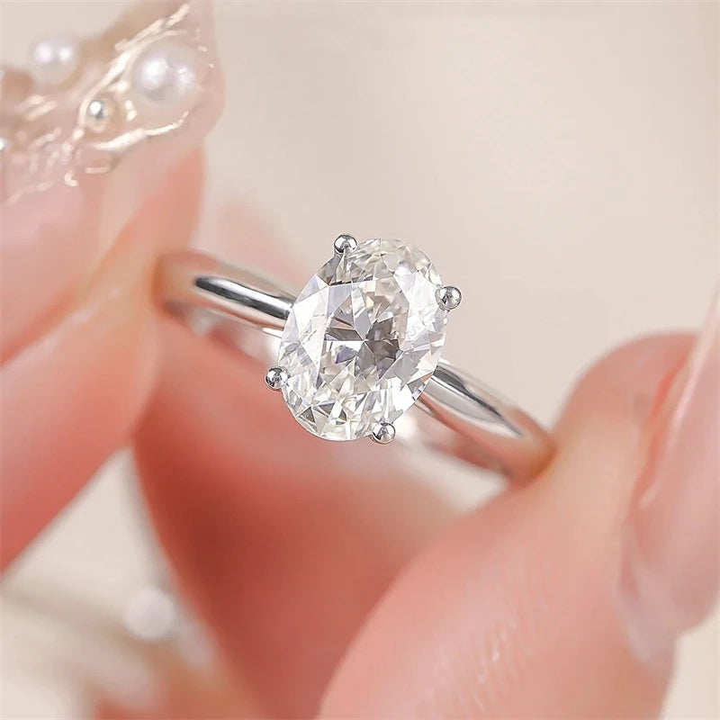 Classic Wedding Anniversary 925 Sterling Silver Solitaire Ring 9mm 2ct 2.0Carat Oval Cut Moissanite Engagement Rings for Women