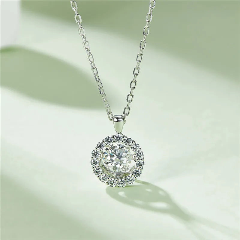 Sunflower 925 Sterling Silver D Color Halo Round Fashion Jewelry 0.5ct Moissanite Dancing Pendant Necklace for Women