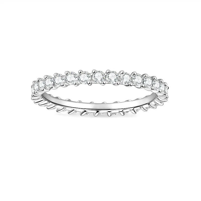 Chasau Romantic Wedding Engagement Custom Jewelry Womens Full Eternity 925 Sterling Silver Round Cut 2mm 0.03ct Moissanite Ring