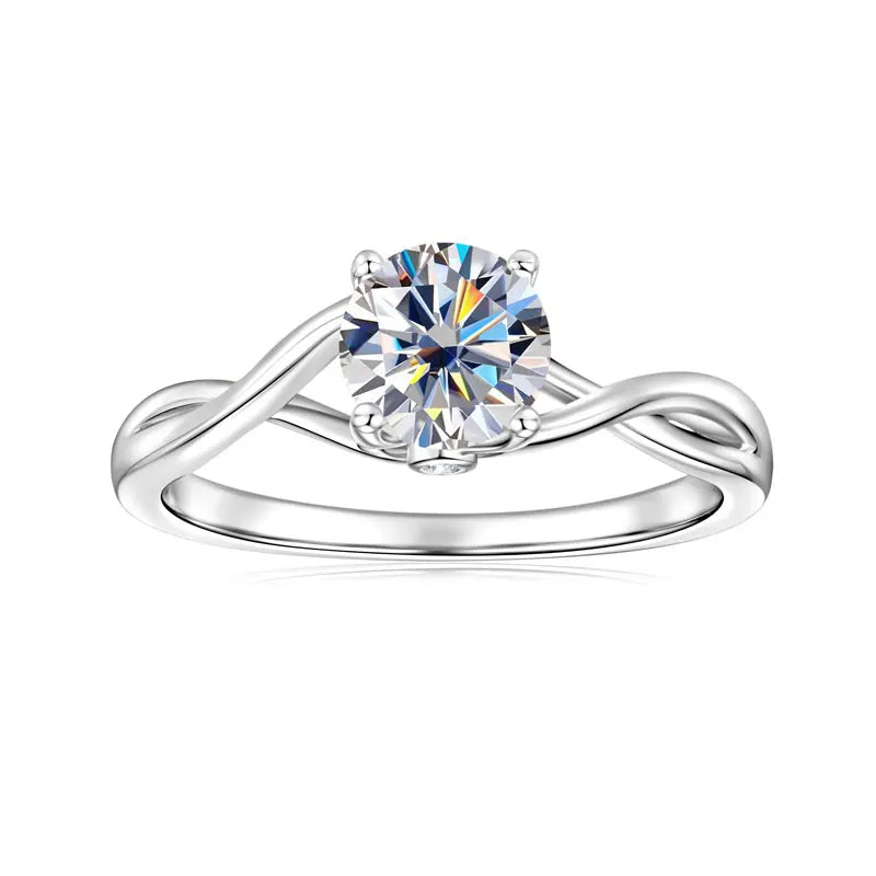 Fine Jewelry 925 Silver 6.5mm 1.0ct Round Moissanite Twist Shank Women Four Claw Twisted Arm Engagement Ring for Women