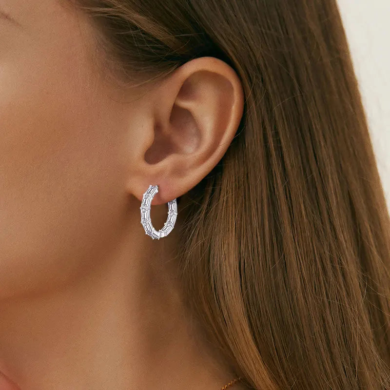 Personalization 925 Sterling Silver 3x5mm 0.5ct White Moissanite Statement Single Row Inside Out Hoop Earrings for Woman Man