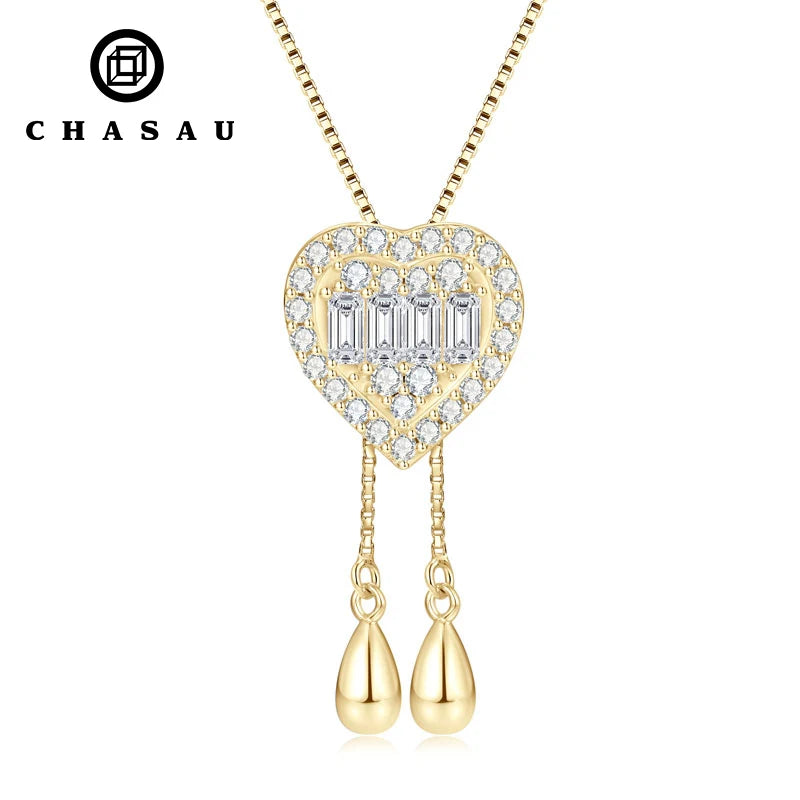 Movable Style 925 Silver Long Square Car 2x4mm & Round 1.8mm 1.5mm Moissanite Adjustable Fringe Heart Lariat Necklace