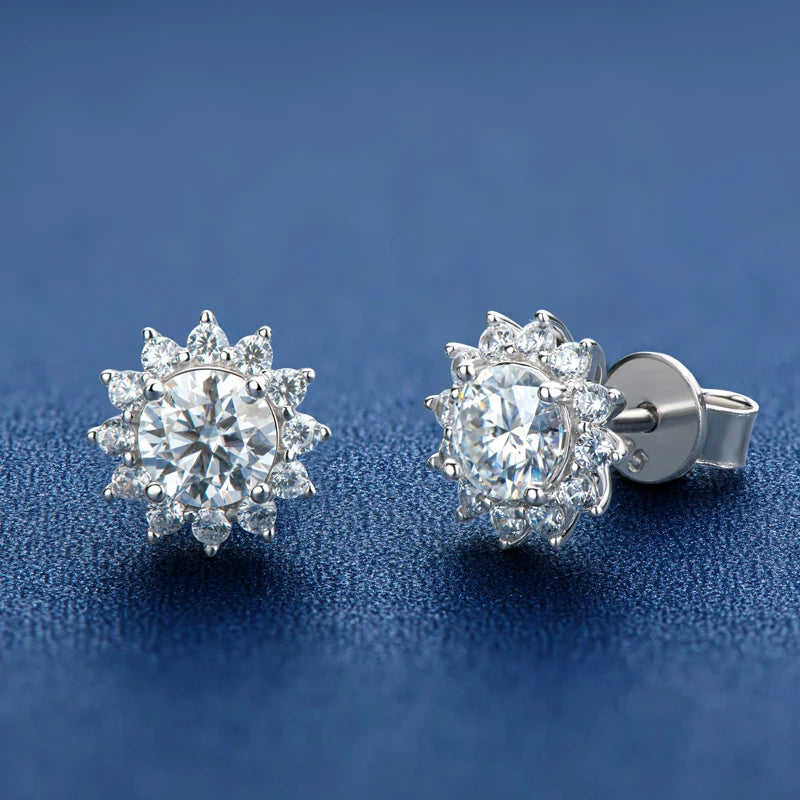 Fashionable S925 Sterling Silver Diamond 925 Silver Round Cut VVS Moissanite 5.0mm Sun Flower Stud Earrings Jewelry for Woman