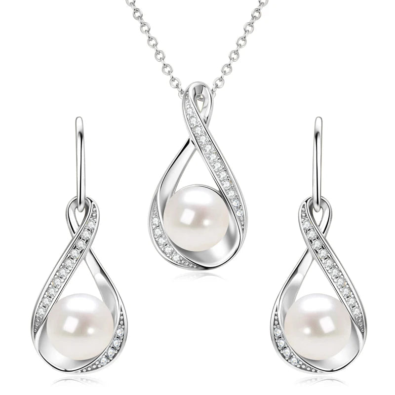 Chasau 925 Sterling Silver Moissanite Freshwater Pearl Jewelry Set Bread-Shaped Infinity Pendant Necklace Earrings for Gift