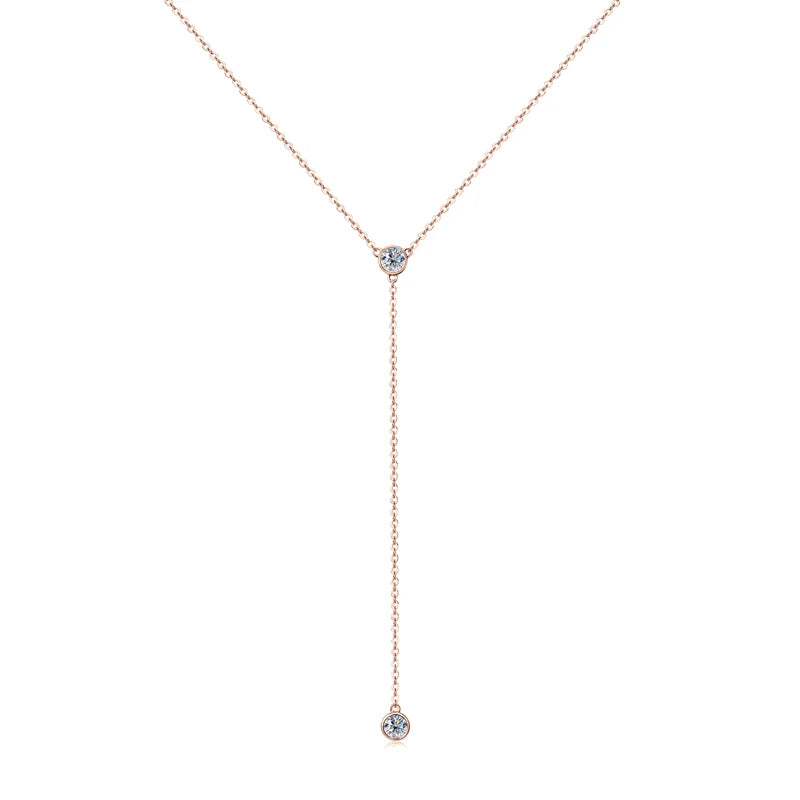 925 Sterling Silver Y-Shaped Tassel Pendant Necklace with 4mm 0.3CT Round Cut Moissanite Simple Bezel Setting