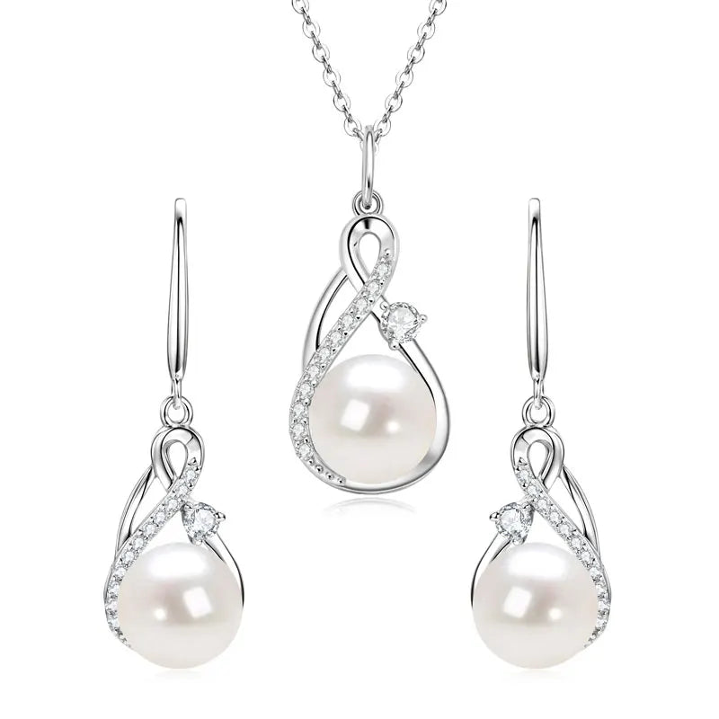 Hot Selling Exquisite Fashion 8-8.5mm 9.5-10mm Bread-shaped Pearl Infinity Earring Pendant Necklace Jewelry Set for Women Gift