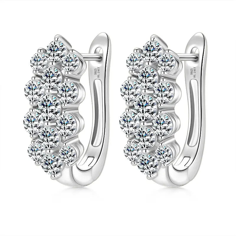 925 Silver Cluster Round Cut 3.5mm&3mm&2.5mm Moissanite Women Cluster Three Row U-Shaped Fashion Hoop Huggie Earrings for Women