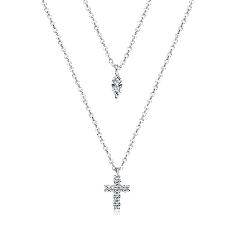 New Arrivals Fashionable Double Layer 925 Silver Necklace for Ladies 3x6mm Marquise Cut 2mm Moissanite Cross Moissanite Necklace