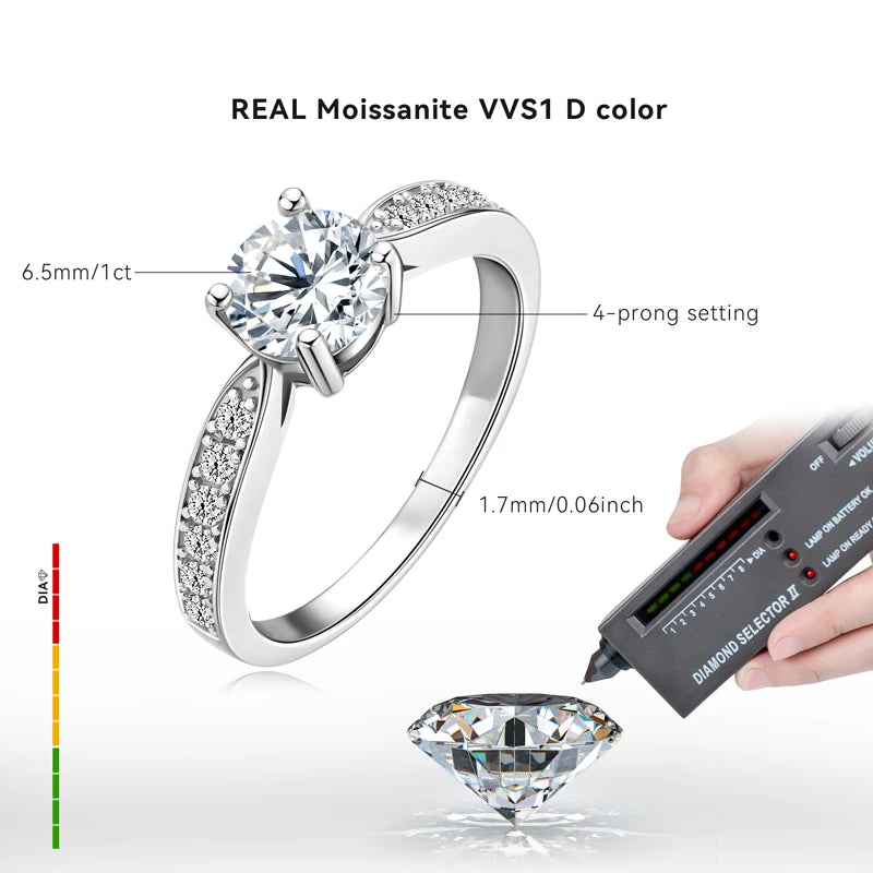 Real Moissanite Wedding Ring 925 Sterling Silver Round 6.5mm 1.0carat D Color Brilliant Dianomd Engagement Ring for Women