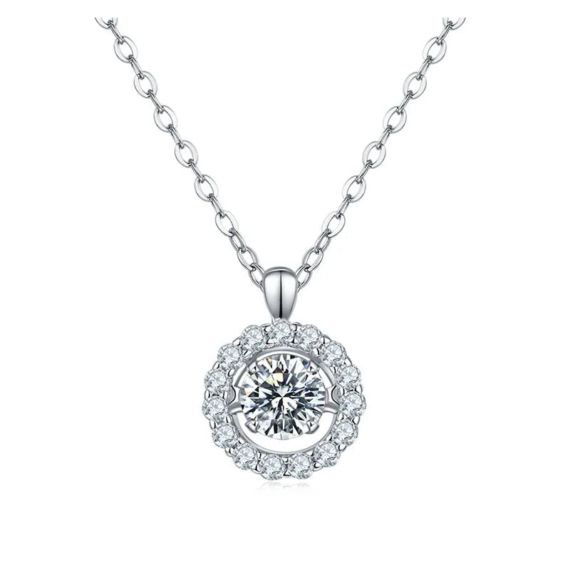 Sunflower 925 Sterling Silver D Color Halo Round Fashion Jewelry 0.5ct Moissanite Dancing Pendant Necklace for Women