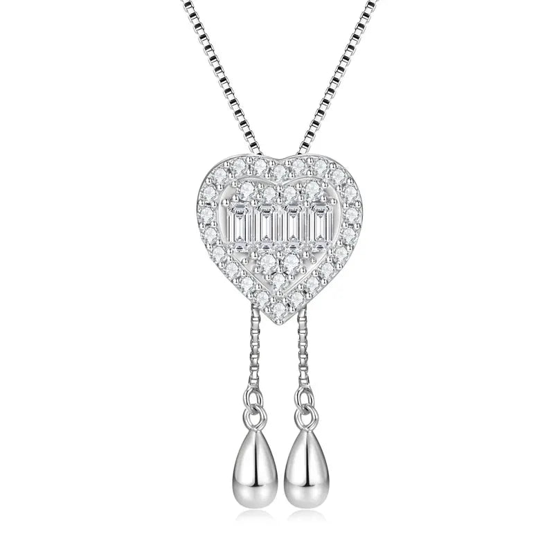 Movable Style 925 Silver Long Square Car 2x4mm & Round 1.8mm 1.5mm Moissanite Adjustable Fringe Heart Lariat Necklace