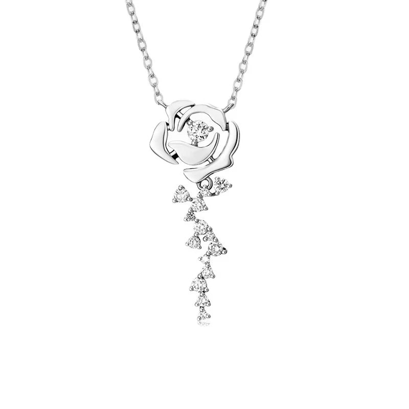 High Quality 925 Sterling Silver Round Cut 3.5mm Moissanite Stone Necklace Luxury Rose Flower Pendant