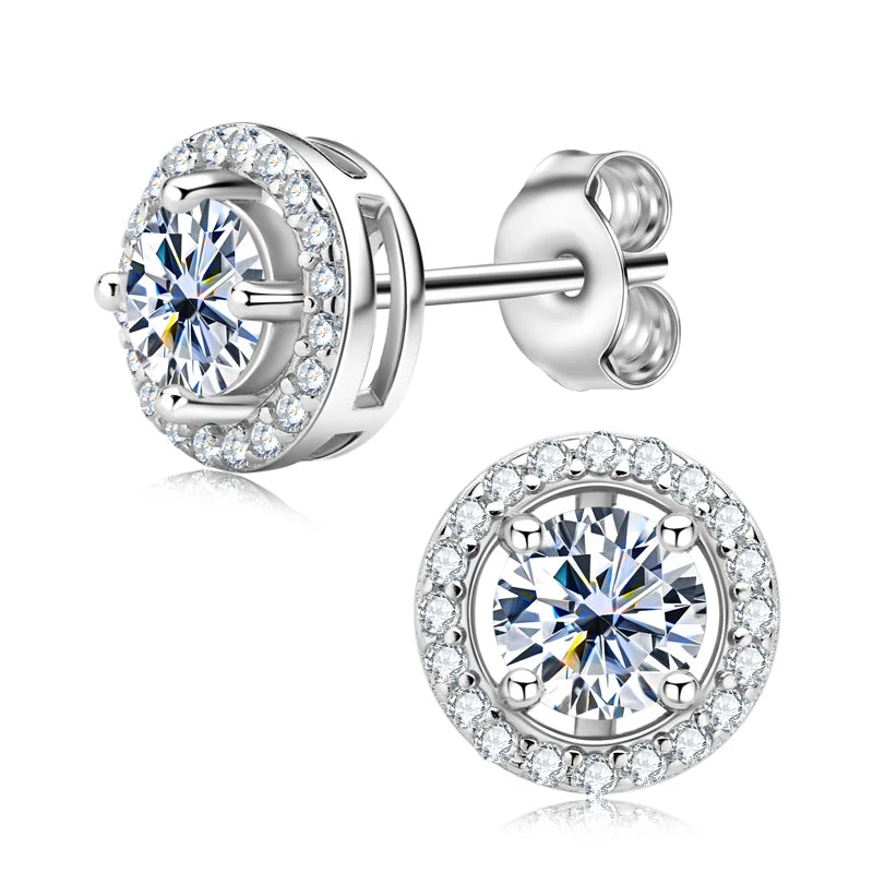 Most Popular 18K White Gold Plated 925 Silver Round Cut Classic 5mm 0.5ct Moissanite Halo Stud Earrings for Women Men