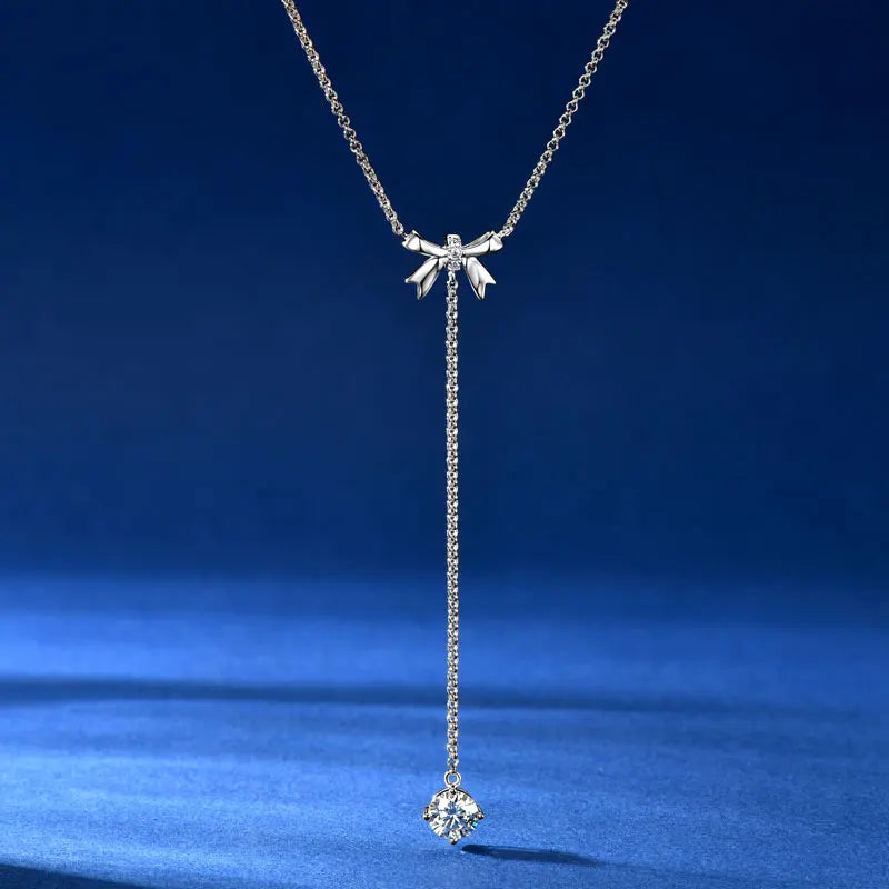 Unique Style 925 Silver 6.5mm 1ct & 1.5mm Round Moissanite Fashion Ladies Y Shape Bow Adjustable Y Lariat Butterfly Necklace