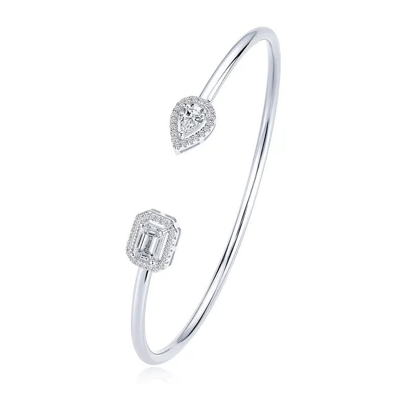 Classic 925 Silver Twin Pear Shaped 4x6mm 0.50ct 4x6mm 0.80ct Emerald Cut Moissanite Open Cuff Bangle Fashion Bracelet for Women