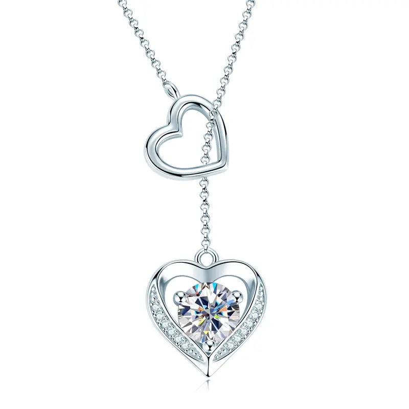 Heart Shaped Necklace Sterling Silver 925 6.5mm & 0.9mm Round Moissanite Double Heart Necklace Women's Fashion Y-Shaped Necklace