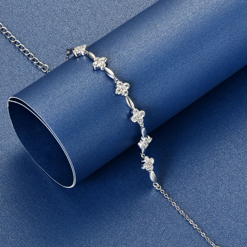 925 Sterling Silver Charm Flower Bracelet Summer Jewelry 14k Gold Plated 2mm All Moissanite Diamond Bracelet for Women