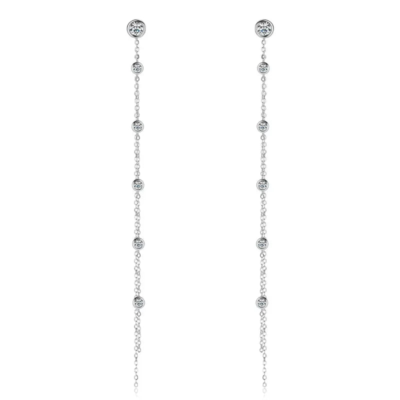 Minimalist Thin Chain Long Tassel 925 Sterling Silver Round Cut 5mm 3mm 2 Carat VVS1 Moissanite Jewelry Drop Earrings