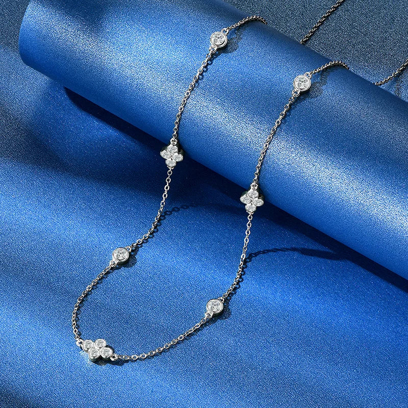 2024 New Trendy 925 Sterling Silver 3mm&2mm Round Cut Moissanite Stone Four Leaf Clover Choker Necklace for Women