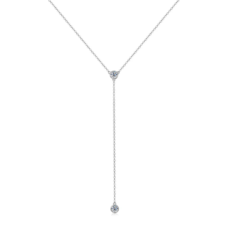 925 Sterling Silver Y-Shaped Tassel Pendant Necklace with 4mm 0.3CT Round Cut Moissanite Simple Bezel Setting