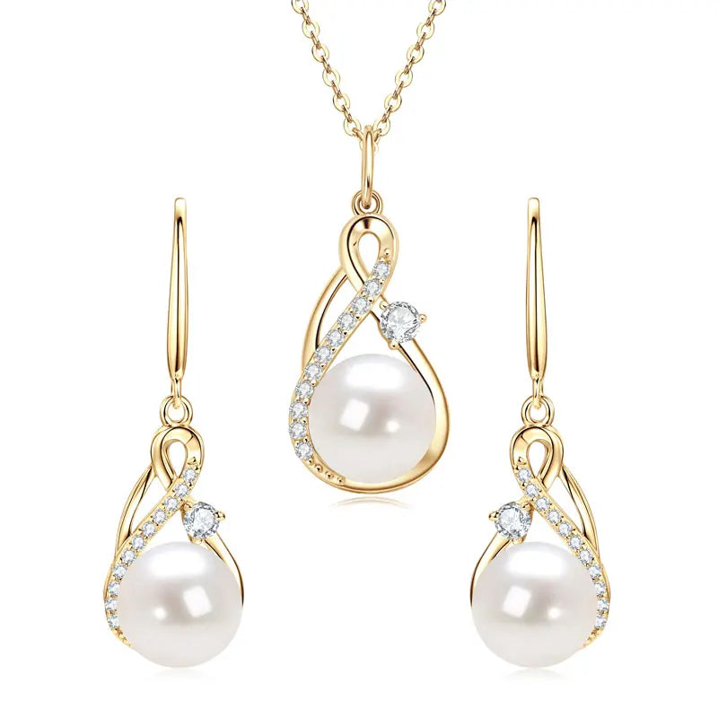 Hot Selling Exquisite Fashion 8-8.5mm 9.5-10mm Bread-shaped Pearl Infinity Earring Pendant Necklace Jewelry Set for Women Gift