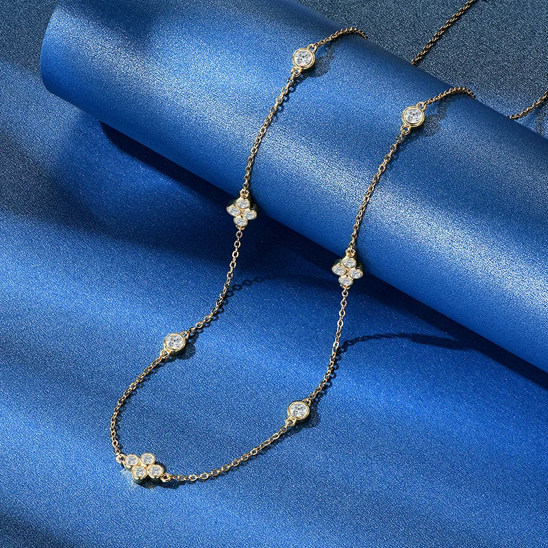 2024 New Trendy 925 Sterling Silver 3mm&2mm Round Cut Moissanite Stone Four Leaf Clover Choker Necklace for Women
