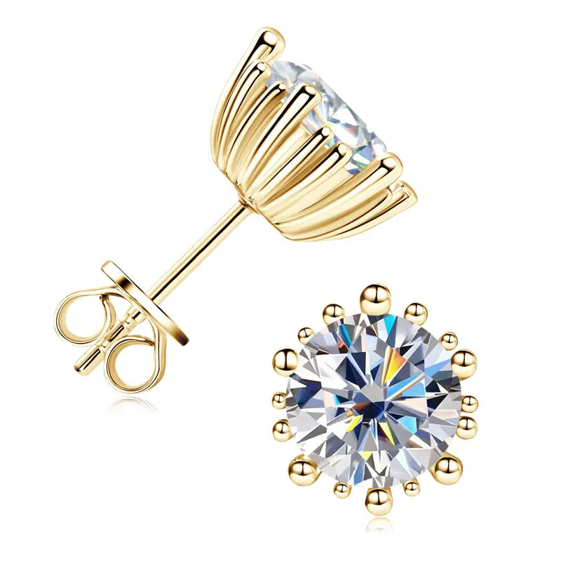 New Arrivals Women Luxury Gold Plated 925 Sterling Silver 8mm 2.0ct VVS1 Moissanite Stud Earrings with Gra Certificate