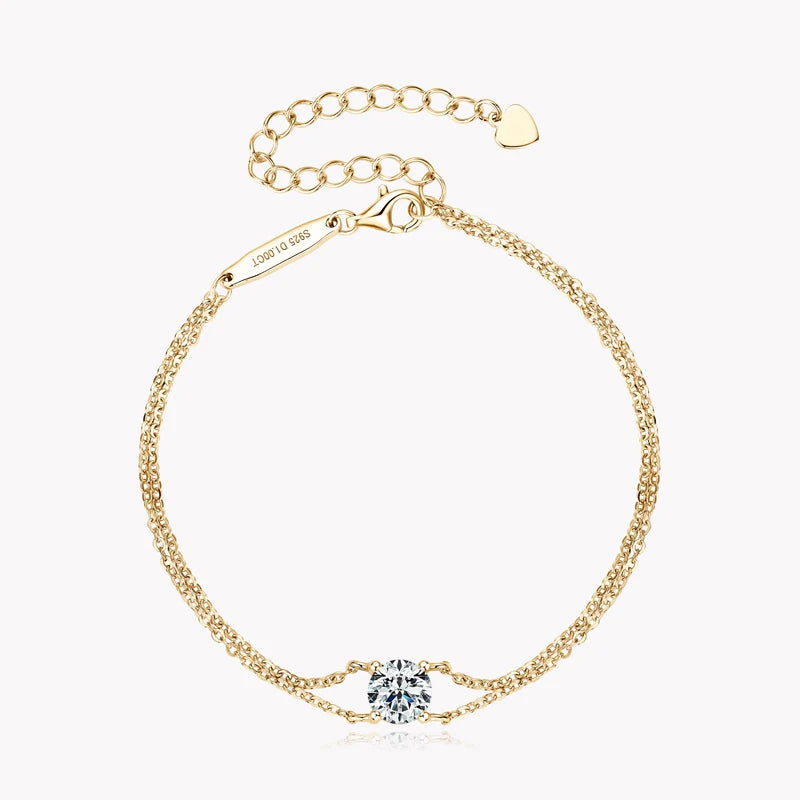 Double Chain Moissanite 1ct 1.0ct 1 Carat 6.5mm 925 Sterling Silver Adjustable Moissanite Chain Bracelet